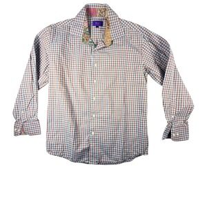 Tallia Button Down Shirt Mens L Blue Brown Gingham Excellent Paisley Trim Cotton